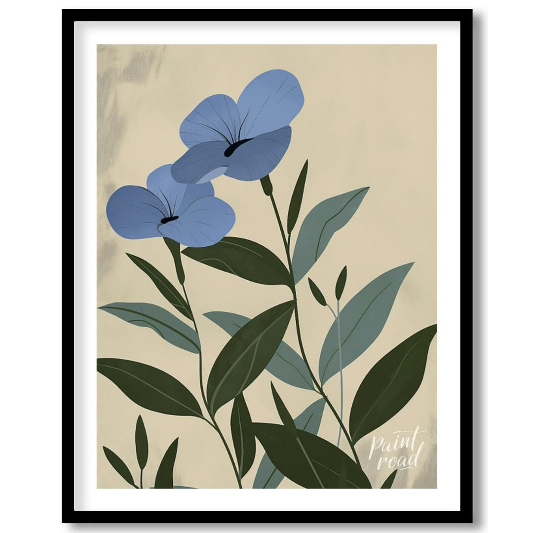 This elegant digital illustration features two blue flowers with delicate petals and subtle black a… for sweet home