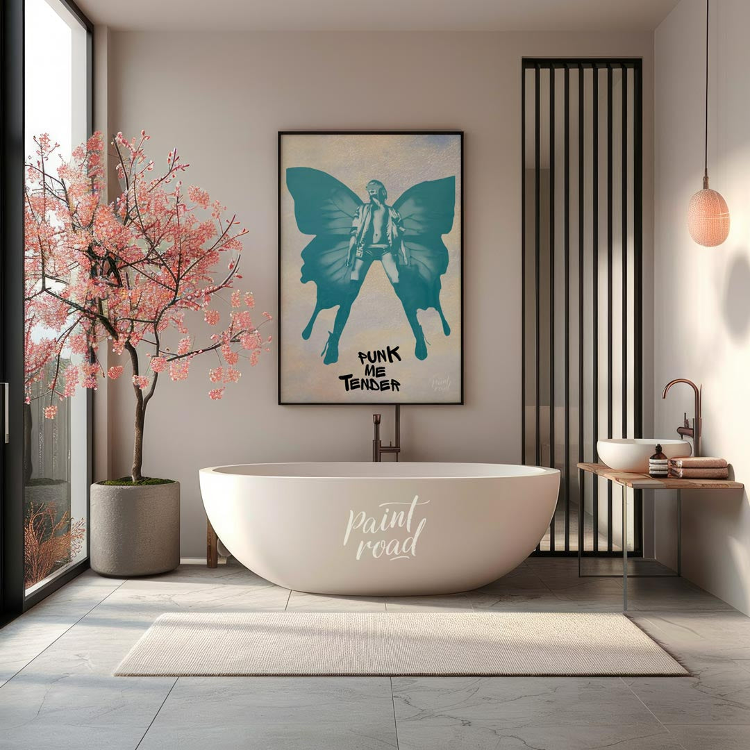 This striking art print features a bold, monochromatic blue-green silhouette of a figure with large… for bathroom
