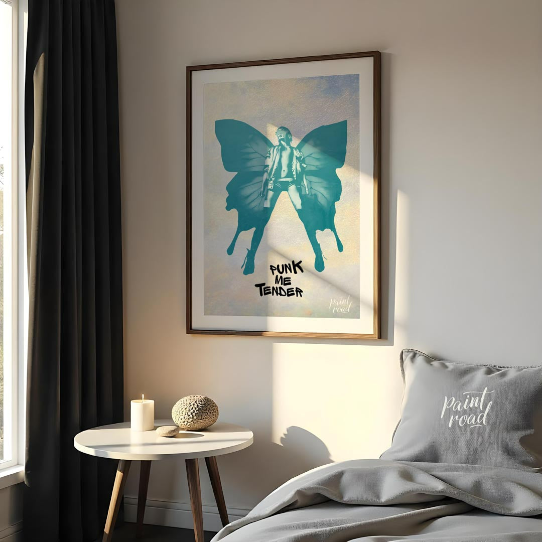 This striking art print features a bold, monochromatic blue-green silhouette of a figure with large… for bedroom