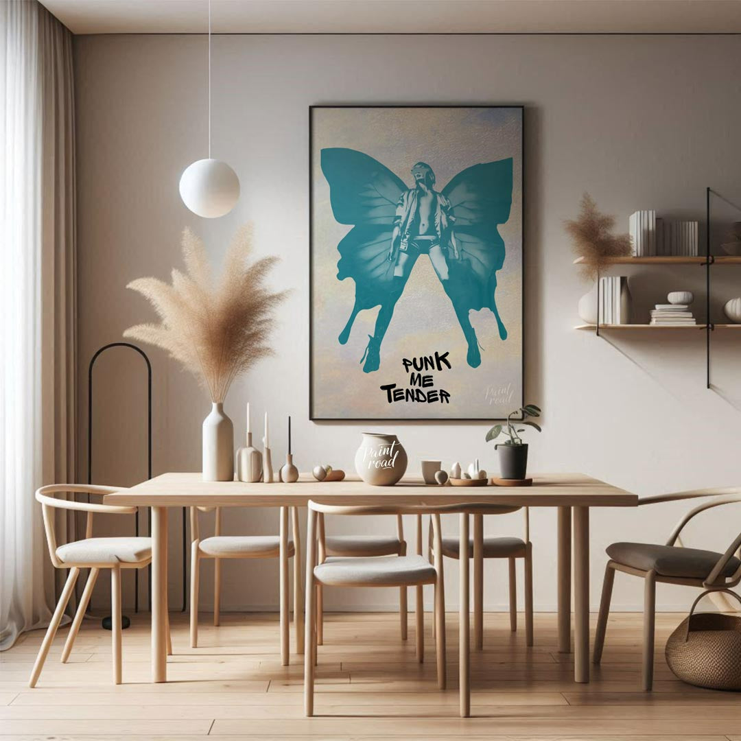 This striking art print features a bold, monochromatic blue-green silhouette of a figure with large… for dining room