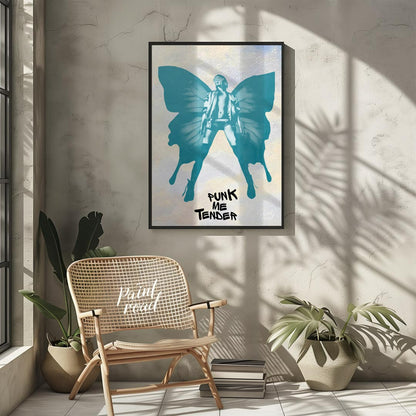 This striking art print features a bold, monochromatic blue-green silhouette of a figure with large… for living room