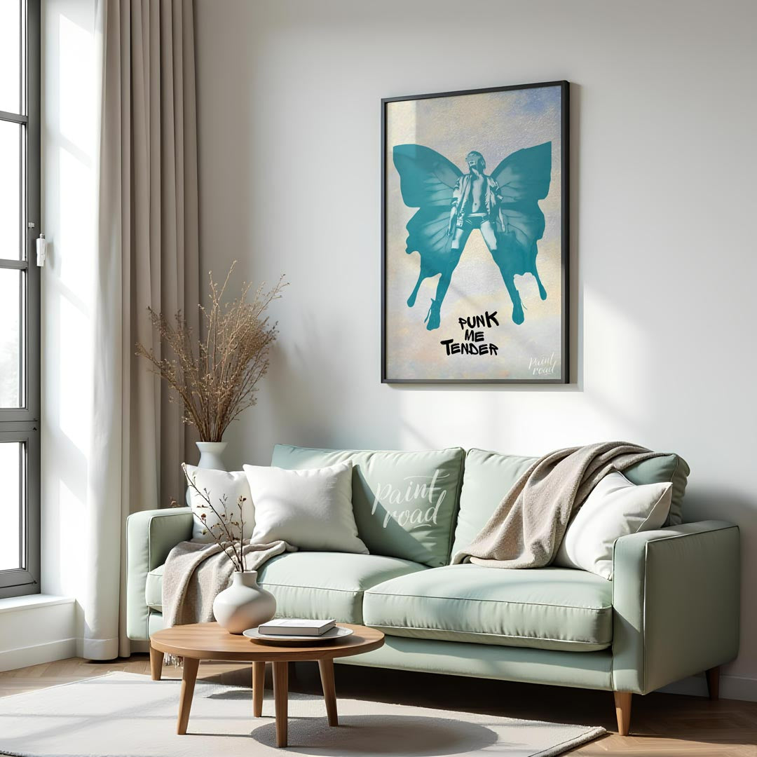 This striking art print features a bold, monochromatic blue-green silhouette of a figure with large… for living room
