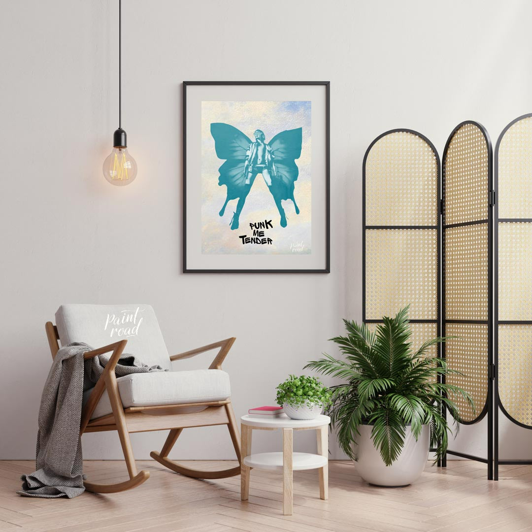 This striking art print features a bold, monochromatic blue-green silhouette of a figure with large… for living room