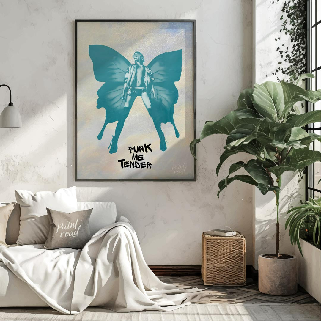 This striking art print features a bold, monochromatic blue-green silhouette of a figure with large… for living room