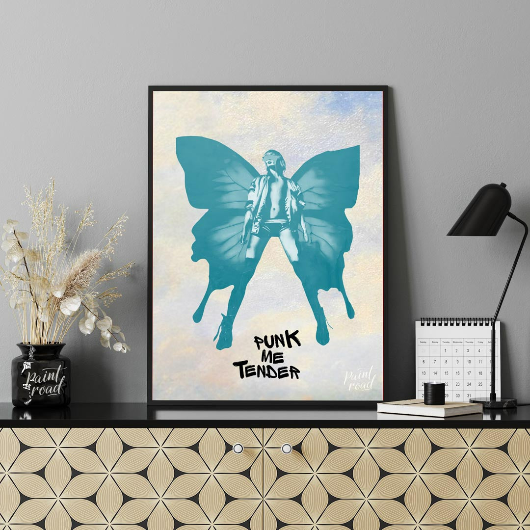 This striking art print features a bold, monochromatic blue-green silhouette of a figure with large… for office