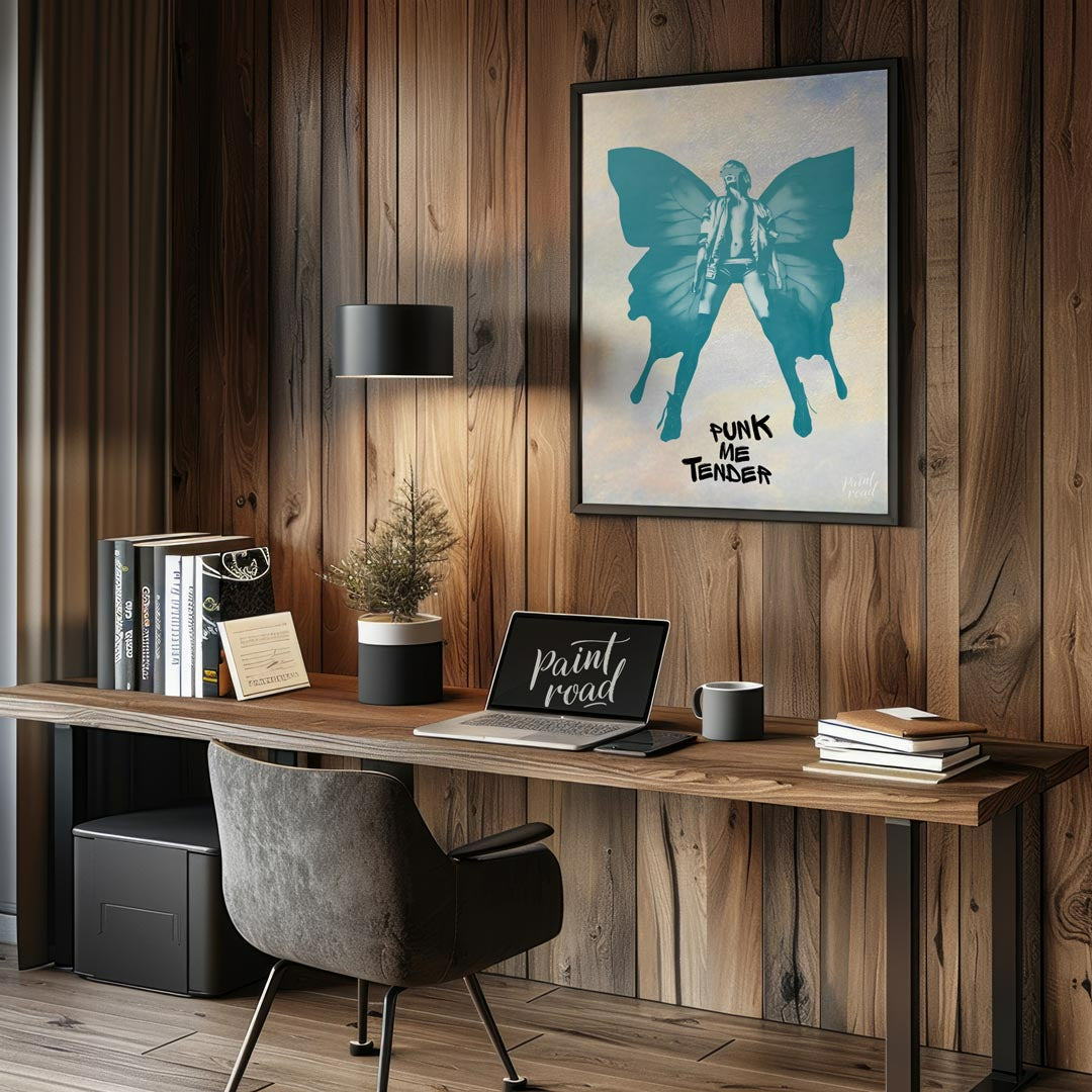 This striking art print features a bold, monochromatic blue-green silhouette of a figure with large… for office