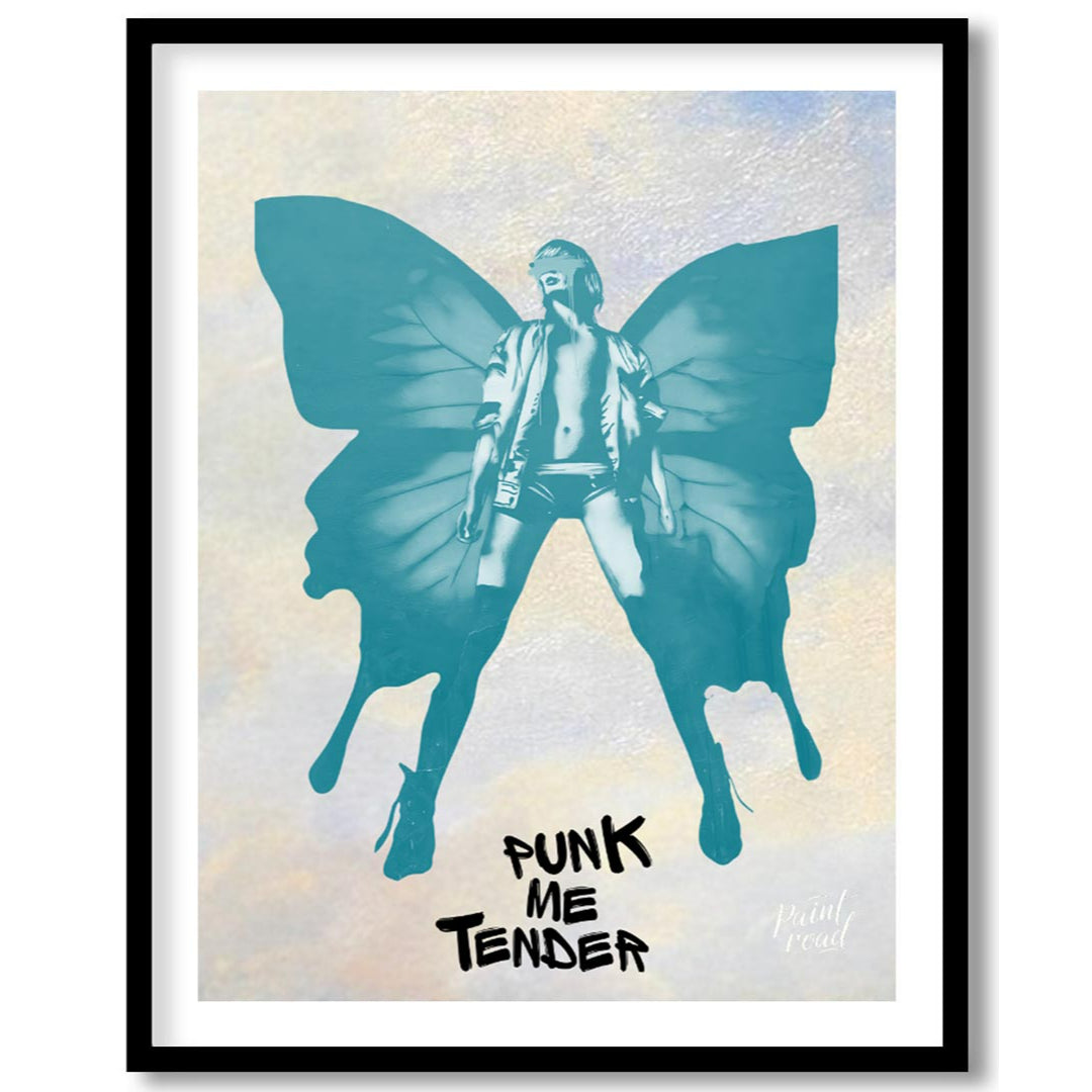 This striking art print features a bold, monochromatic blue-green silhouette of a figure with large… for place