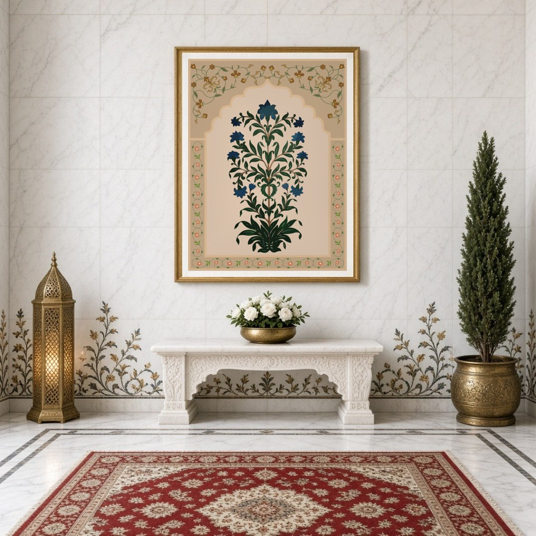 Immerse yourself in the intricate beauty of Mughal artistry with this exquisite floral art piece. for Entrance