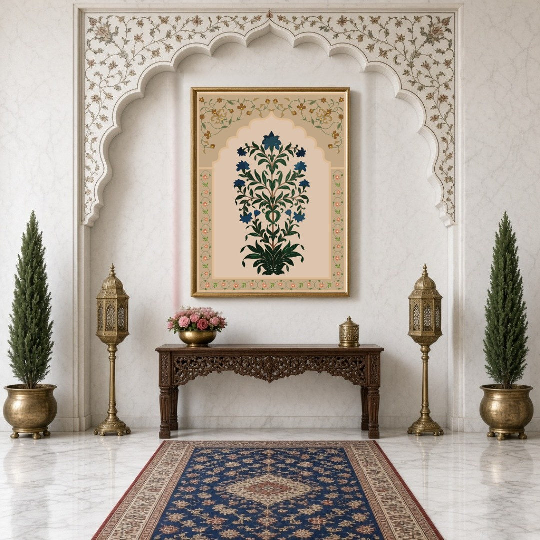 Immerse yourself in the intricate beauty of Mughal artistry with this exquisite floral art piece. for Hallway