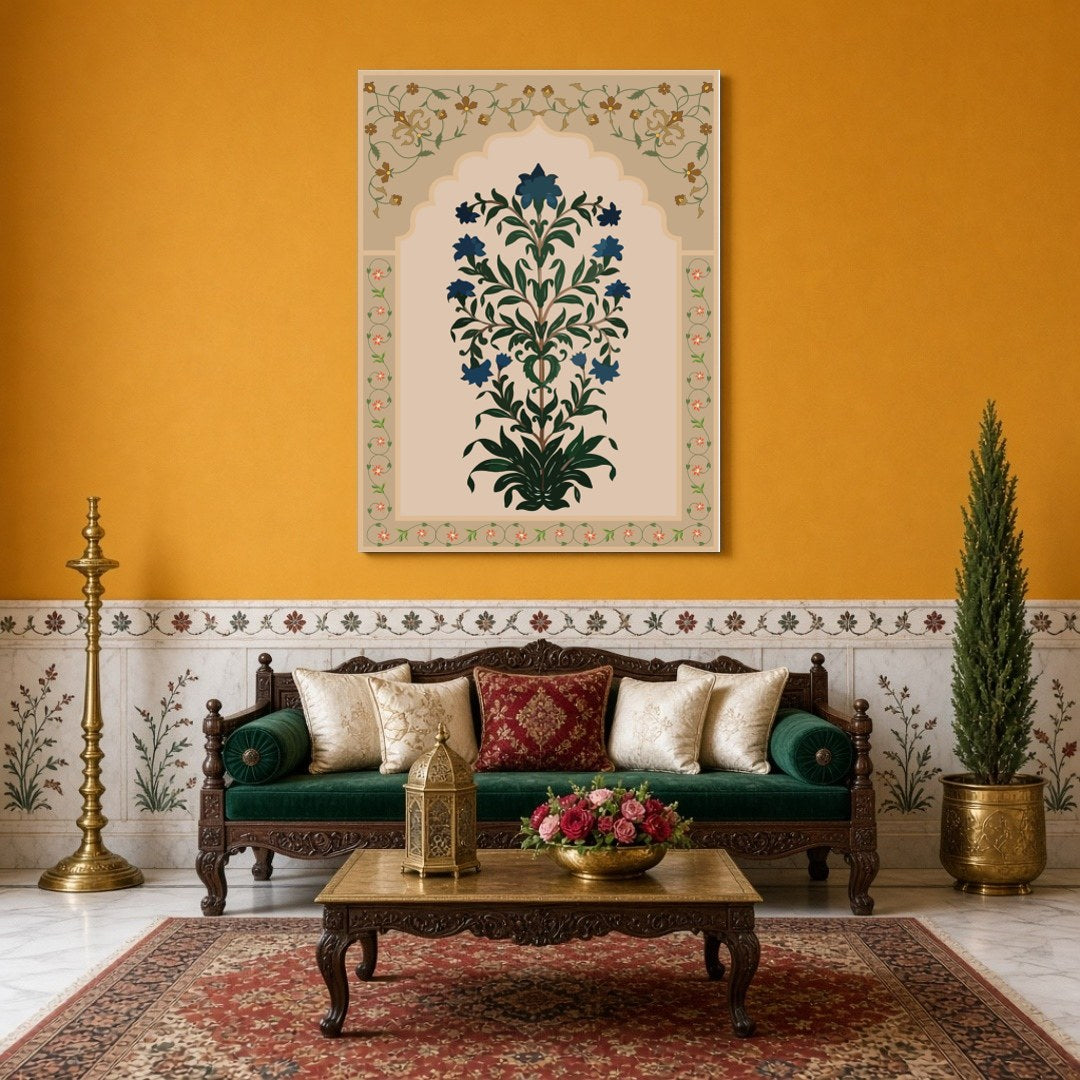 Immerse yourself in the intricate beauty of Mughal artistry with this exquisite floral art piece. for Sitting Area