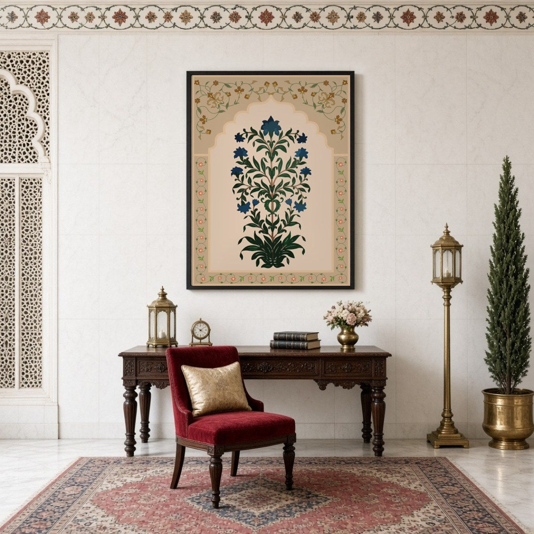 Immerse yourself in the intricate beauty of Mughal artistry with this exquisite floral art piece. for Study