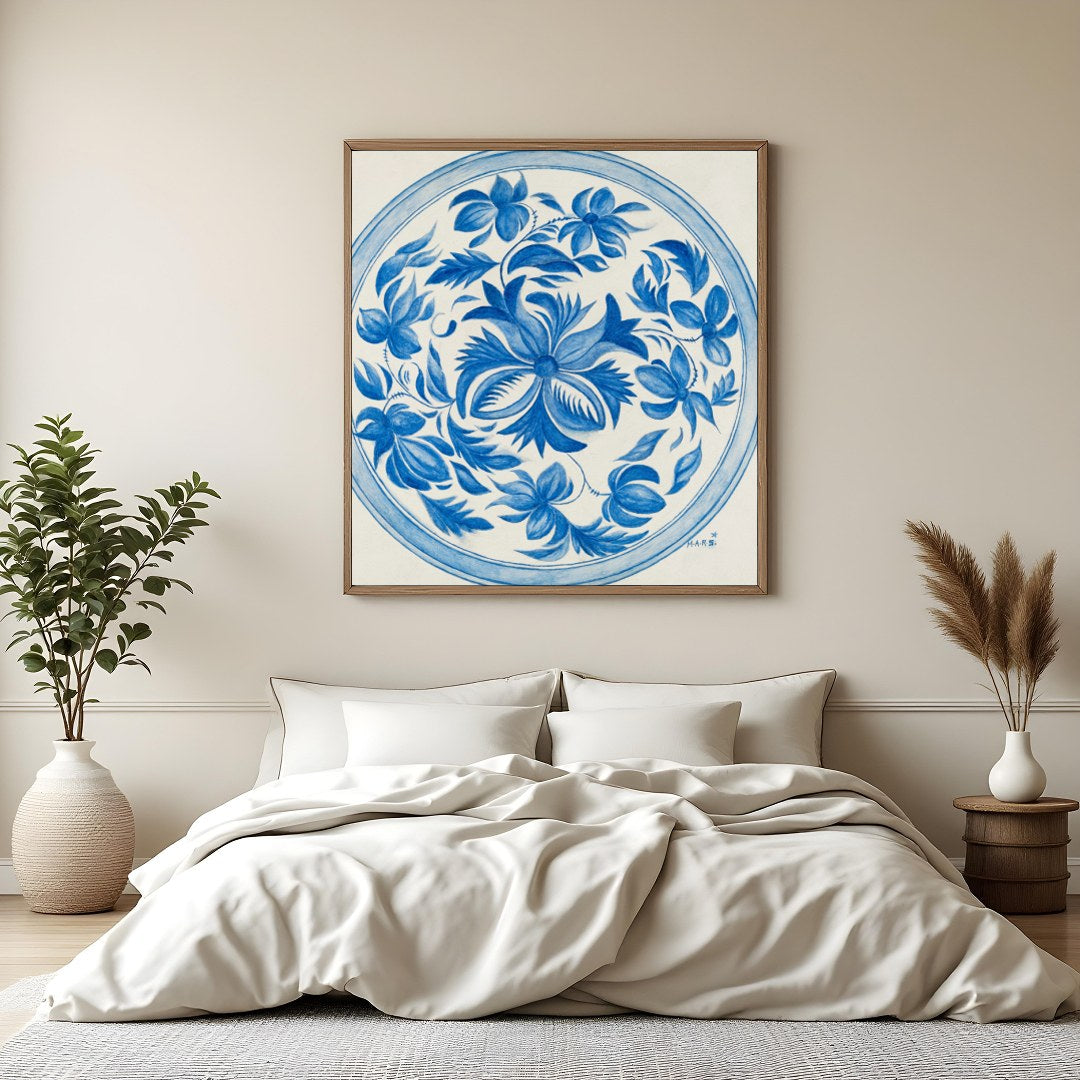 This exquisite piece intertwines delicate blue florals in a perfect circular frame, capturing a for Bedroom