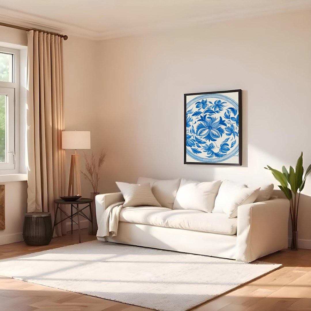 This exquisite piece intertwines delicate blue florals in a perfect circular frame, capturing a for Family Room