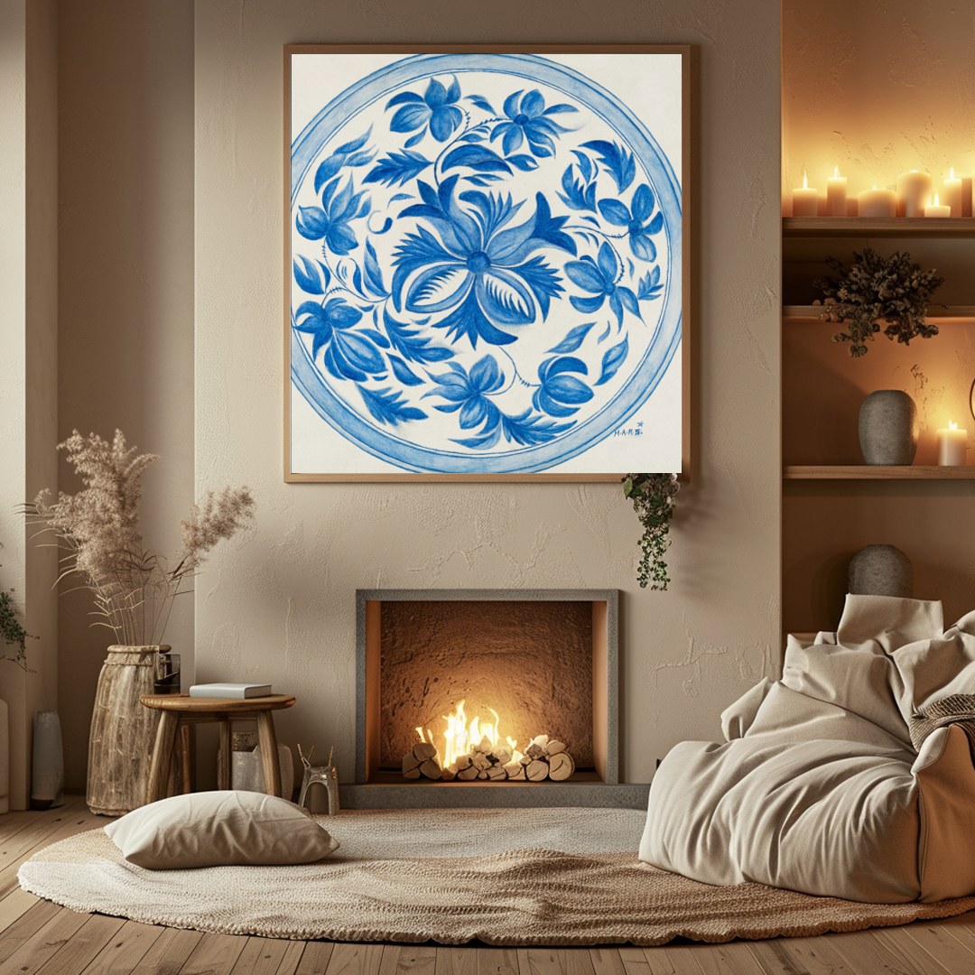 This exquisite piece intertwines delicate blue florals in a perfect circular frame, capturing a for Hall