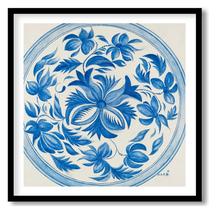 This exquisite piece intertwines delicate blue florals in a perfect circular frame, capturing a for house