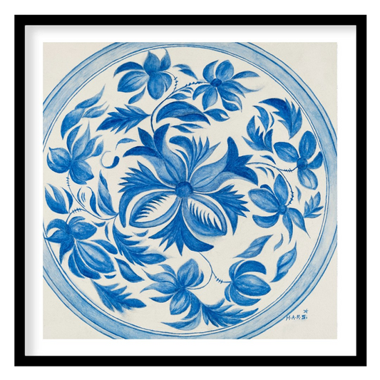 This exquisite piece intertwines delicate blue florals in a perfect circular frame, capturing a for house