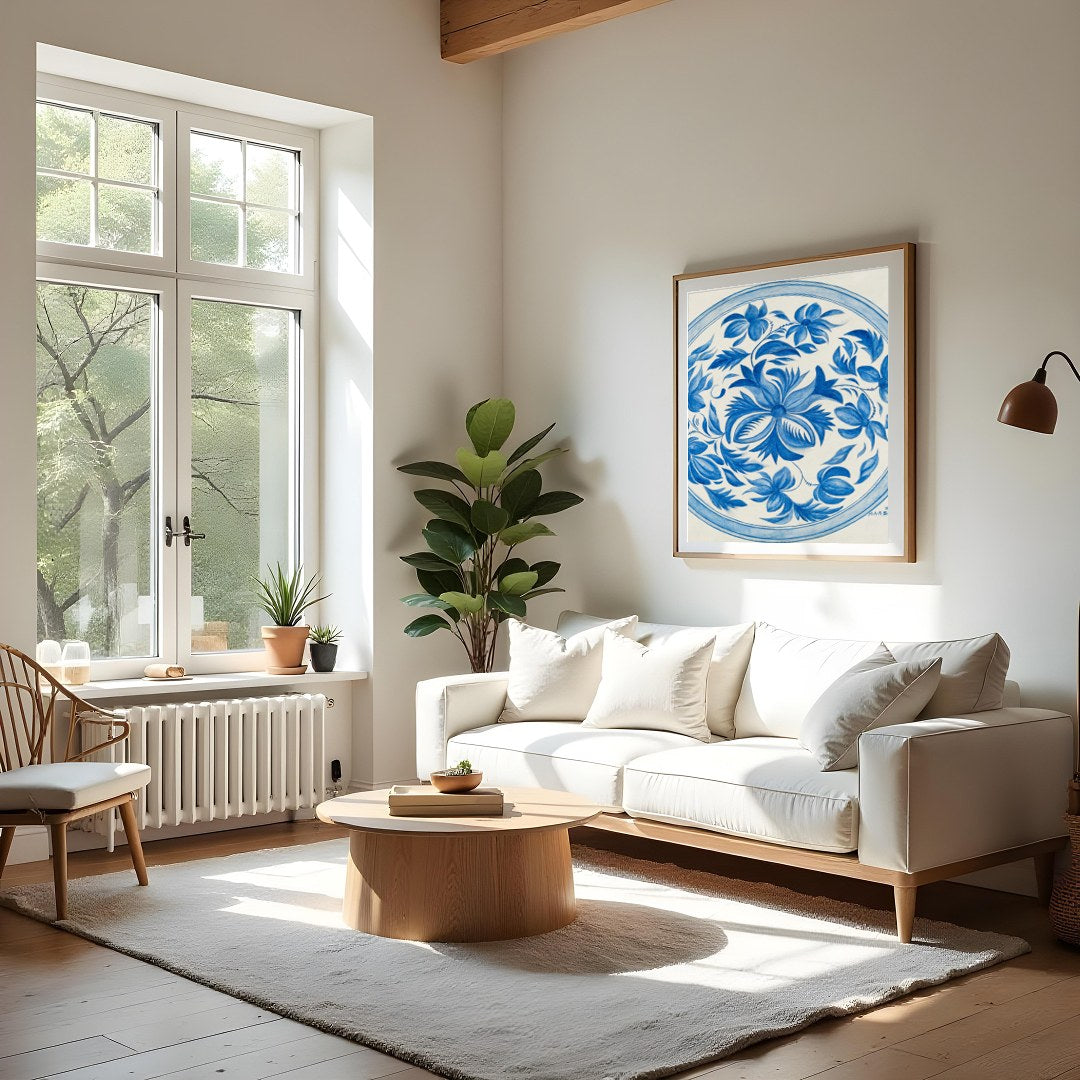 This exquisite piece intertwines delicate blue florals in a perfect circular frame, capturing a for Living Room