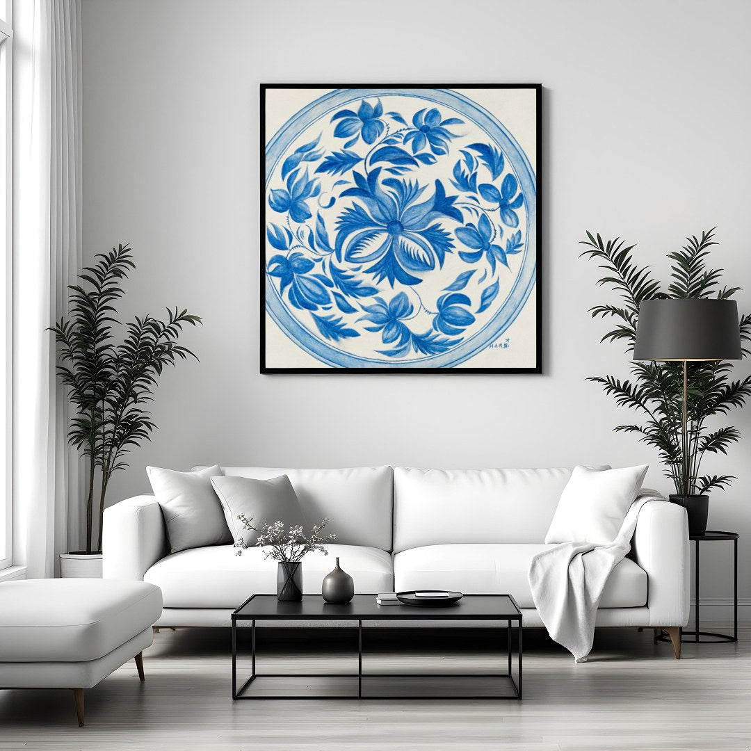 This exquisite piece intertwines delicate blue florals in a perfect circular frame, capturing a for Sitting Area