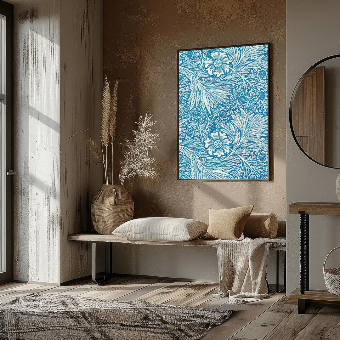 Enhance your living space with this captivating blue floral tapestry, featuring intricate white for area