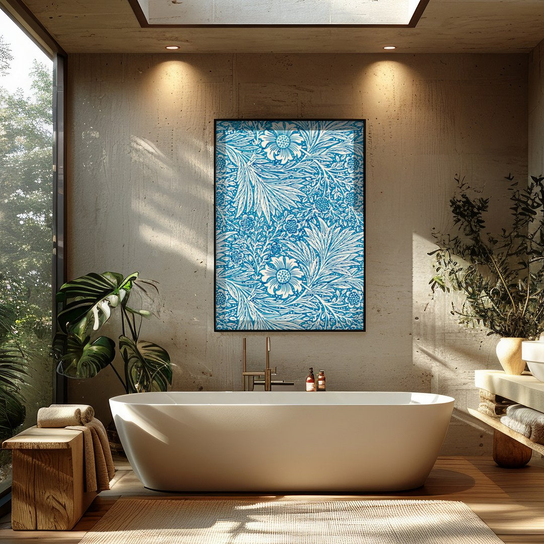 Enhance your living space with this captivating blue floral tapestry, featuring intricate white for Bathroom