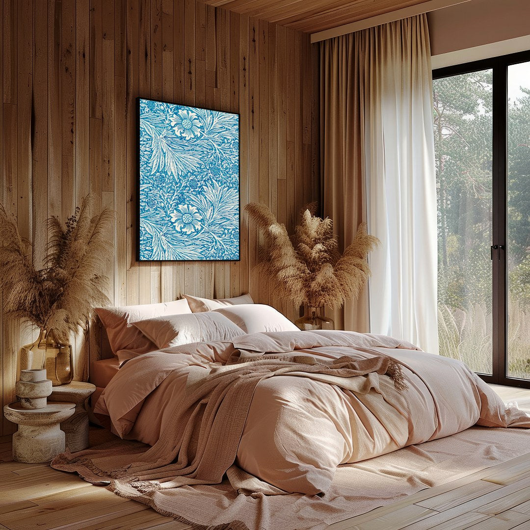 Enhance your living space with this captivating blue floral tapestry, featuring intricate white for Bedroom