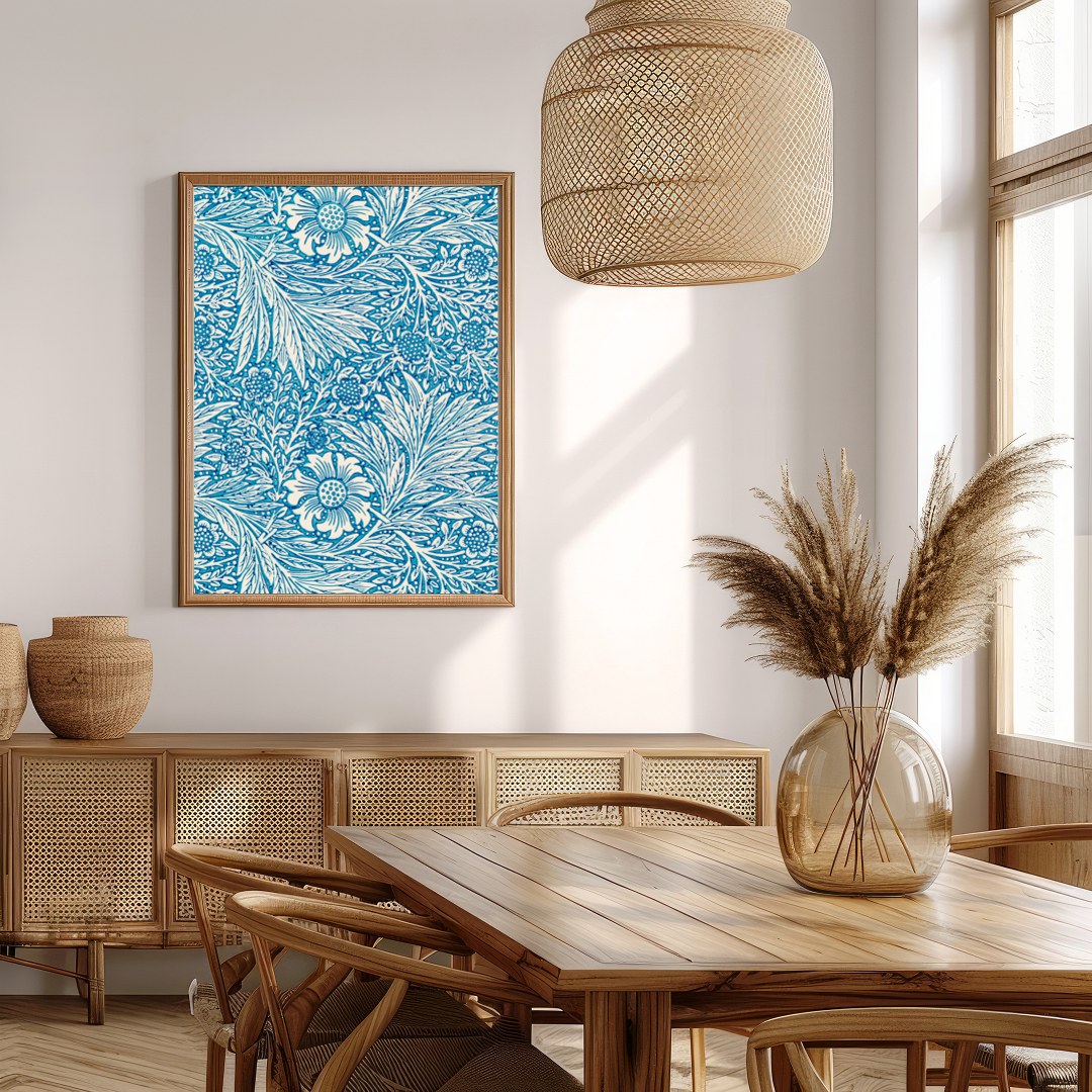 Enhance your living space with this captivating blue floral tapestry, featuring intricate white for Extra Kitchen