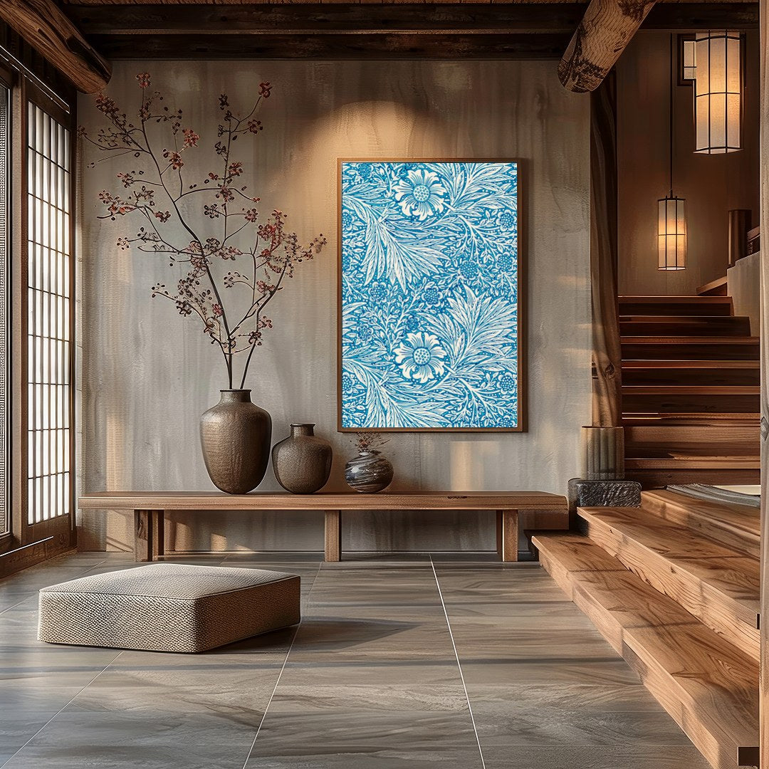 Enhance your living space with this captivating blue floral tapestry, featuring intricate white for Hall