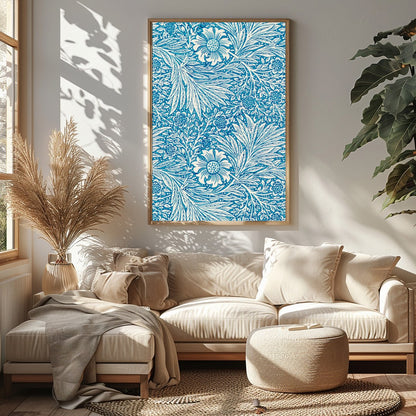 Enhance your living space with this captivating blue floral tapestry, featuring intricate white for Sitting Area