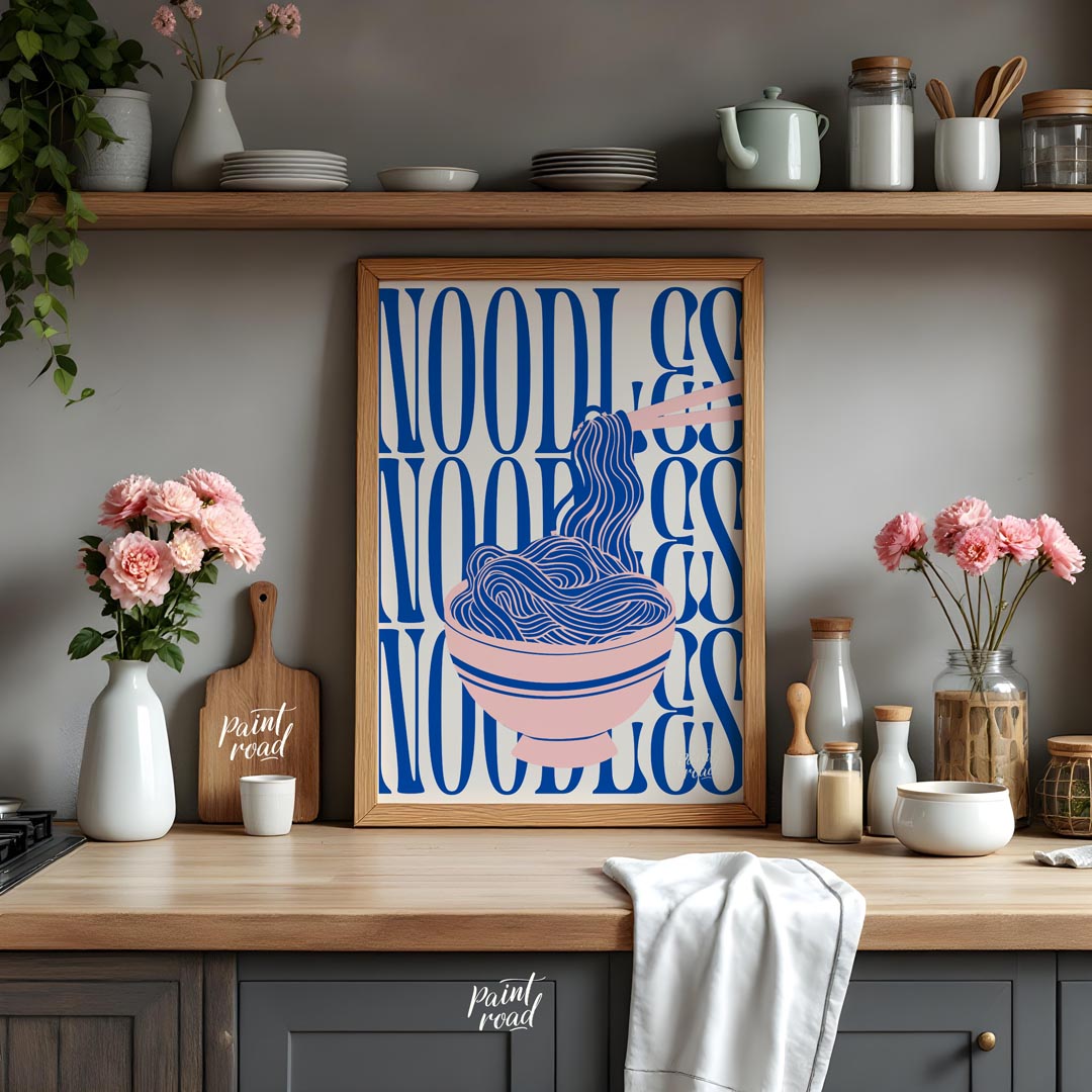 This visually striking and contemporary poster features a minimalist yet dynamic depiction of noodl… for kitchen