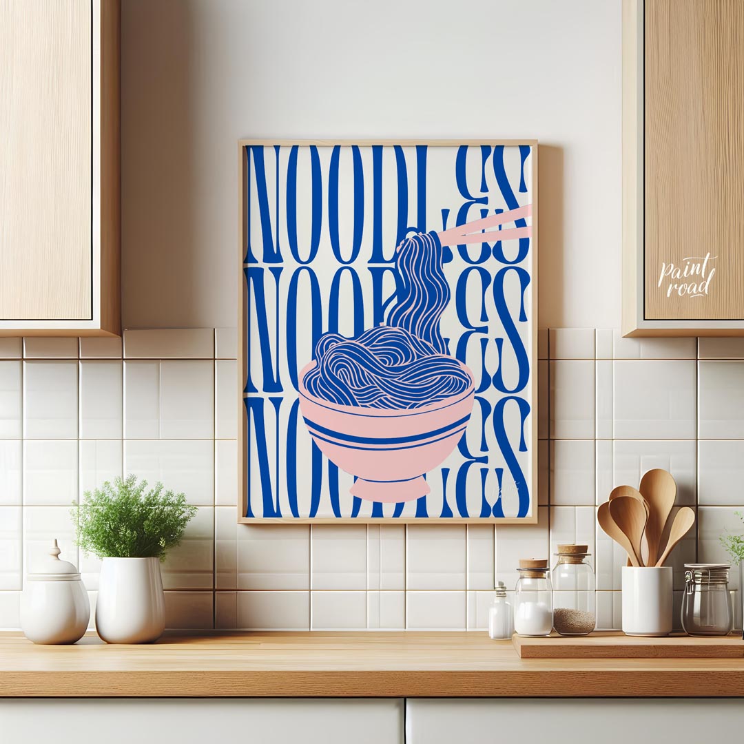 This visually striking and contemporary poster features a minimalist yet dynamic depiction of noodl… for kitchen