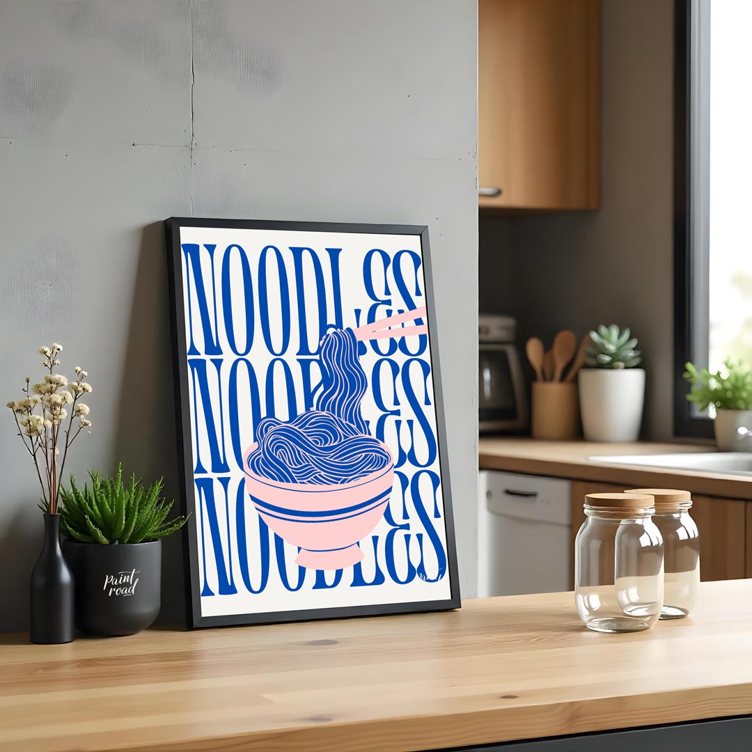 This visually striking and contemporary poster features a minimalist yet dynamic depiction of noodl… for kitchen
