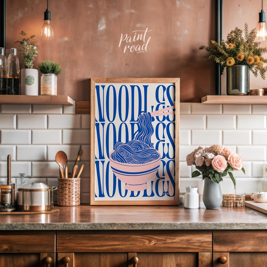 This visually striking and contemporary poster features a minimalist yet dynamic depiction of noodl… for kitchen