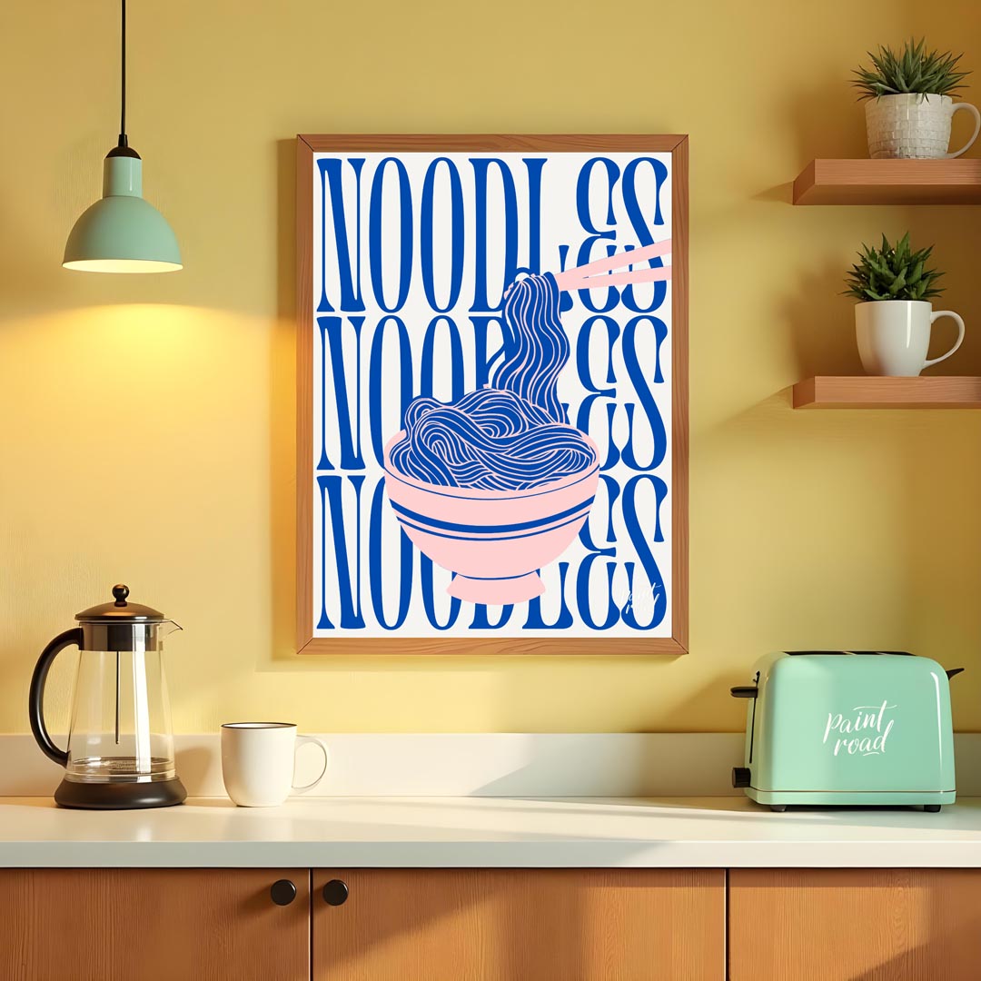 This visually striking and contemporary poster features a minimalist yet dynamic depiction of noodl… for kitchen