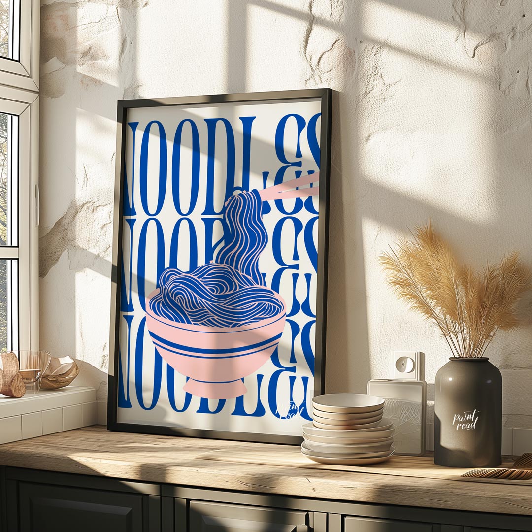 This visually striking and contemporary poster features a minimalist yet dynamic depiction of noodl… for kitchen