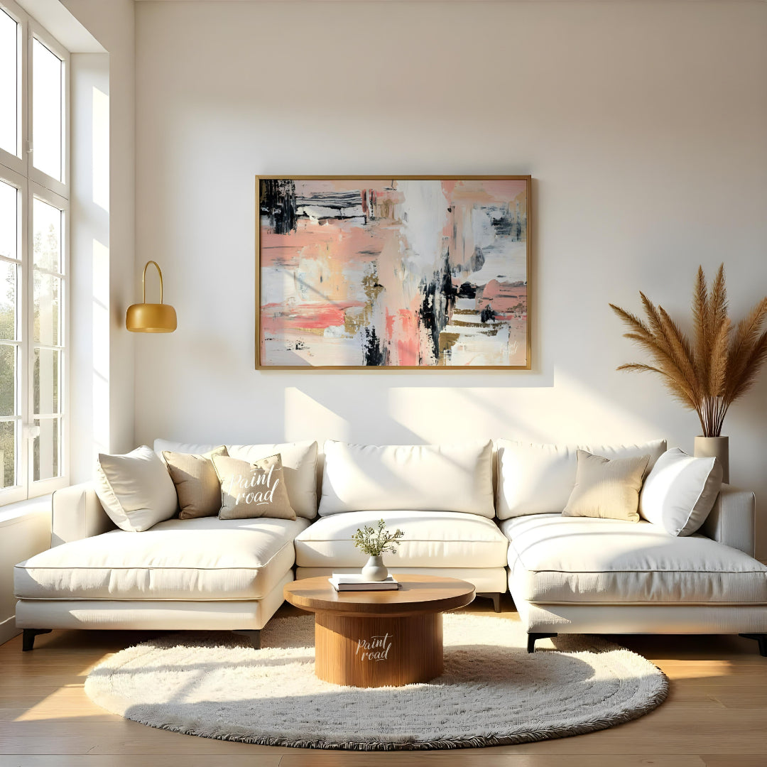 """Blush & Grit"" presents a dynamic abstract composition with a harmonious blend of soft pinks, cr… for living room