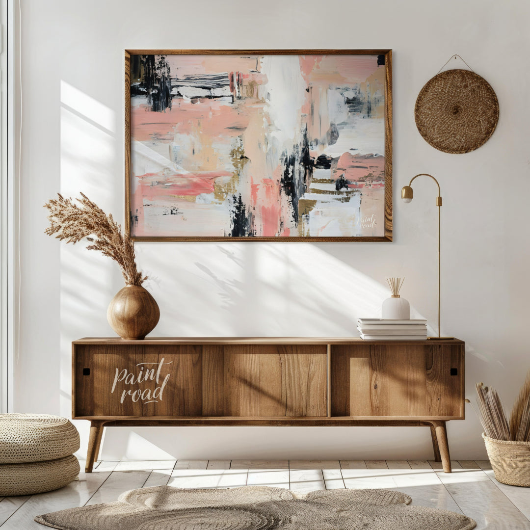 """Blush & Grit"" presents a dynamic abstract composition with a harmonious blend of soft pinks, cr… for living room
