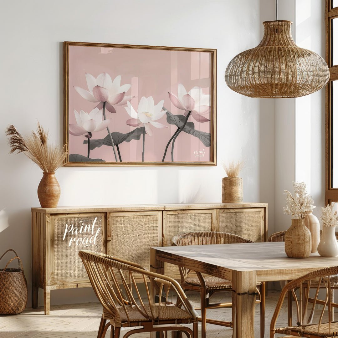 This serene digital illustration features stylized lotus flowers in soft pink and white tones again… for dining room