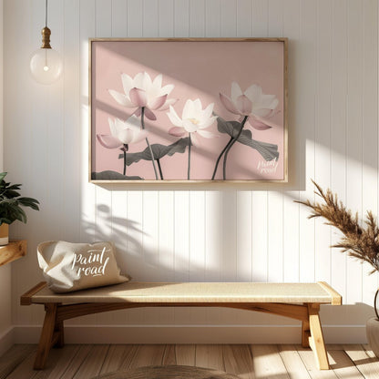 This serene digital illustration features stylized lotus flowers in soft pink and white tones again… for entryway