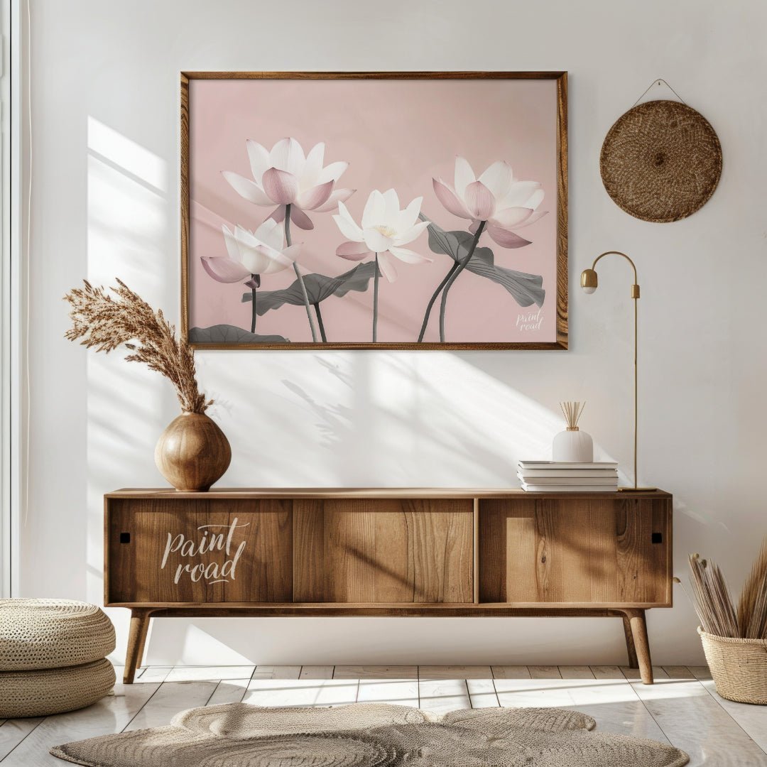 This serene digital illustration features stylized lotus flowers in soft pink and white tones again… for living room