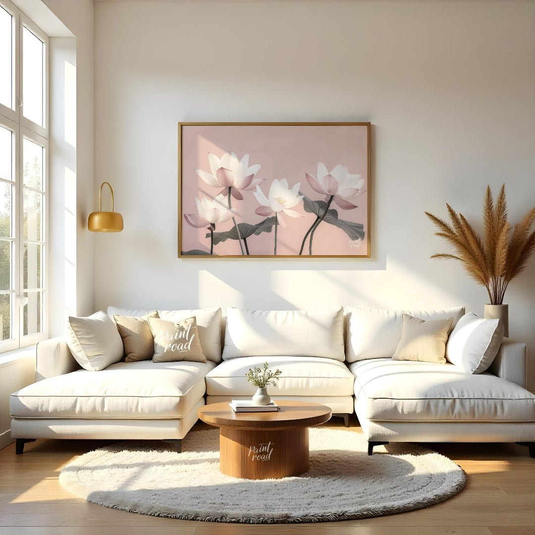 This serene digital illustration features stylized lotus flowers in soft pink and white tones again… for living room