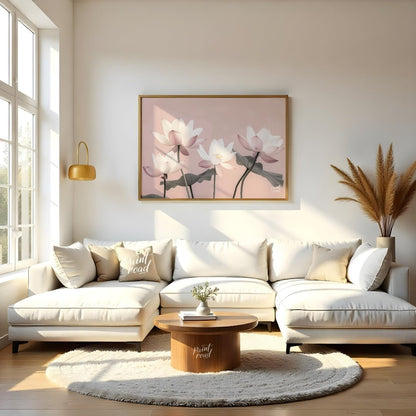 This serene digital illustration features stylized lotus flowers in soft pink and white tones again… for living room