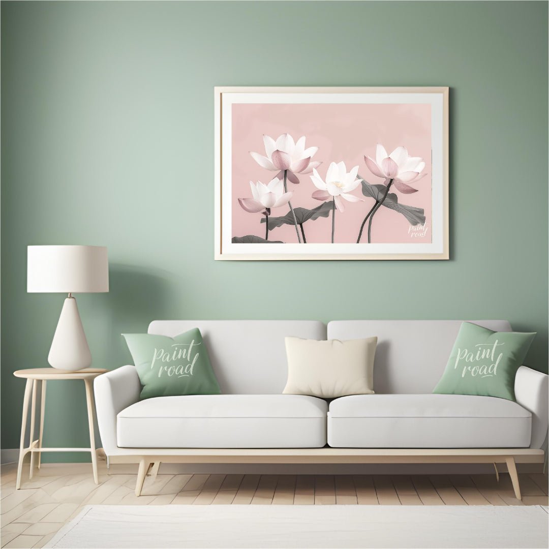 This serene digital illustration features stylized lotus flowers in soft pink and white tones again… for living room
