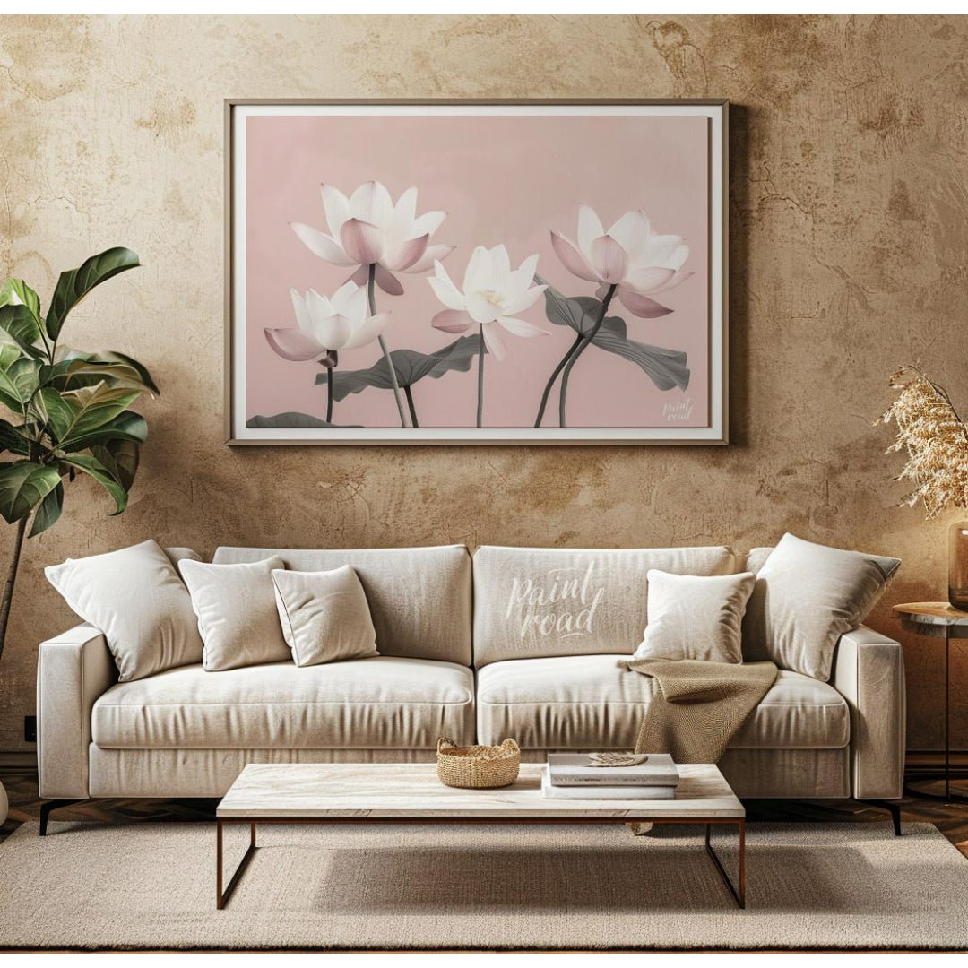 This serene digital illustration features stylized lotus flowers in soft pink and white tones again… for living room
