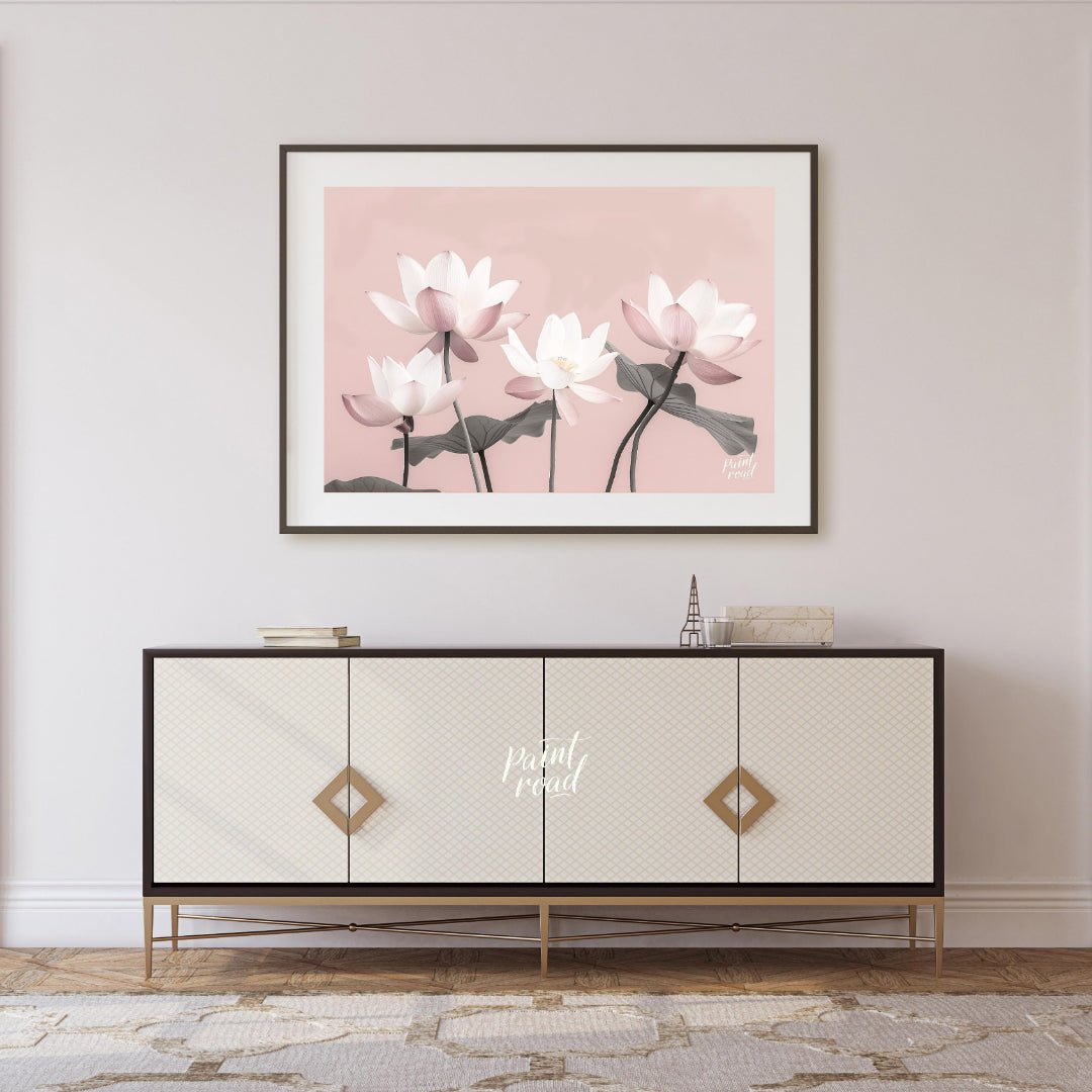 This serene digital illustration features stylized lotus flowers in soft pink and white tones again… for living room