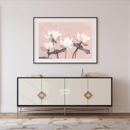 This serene digital illustration features stylized lotus flowers in soft pink and white tones again… for living room