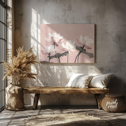 This serene digital illustration features stylized lotus flowers in soft pink and white tones again… for living room