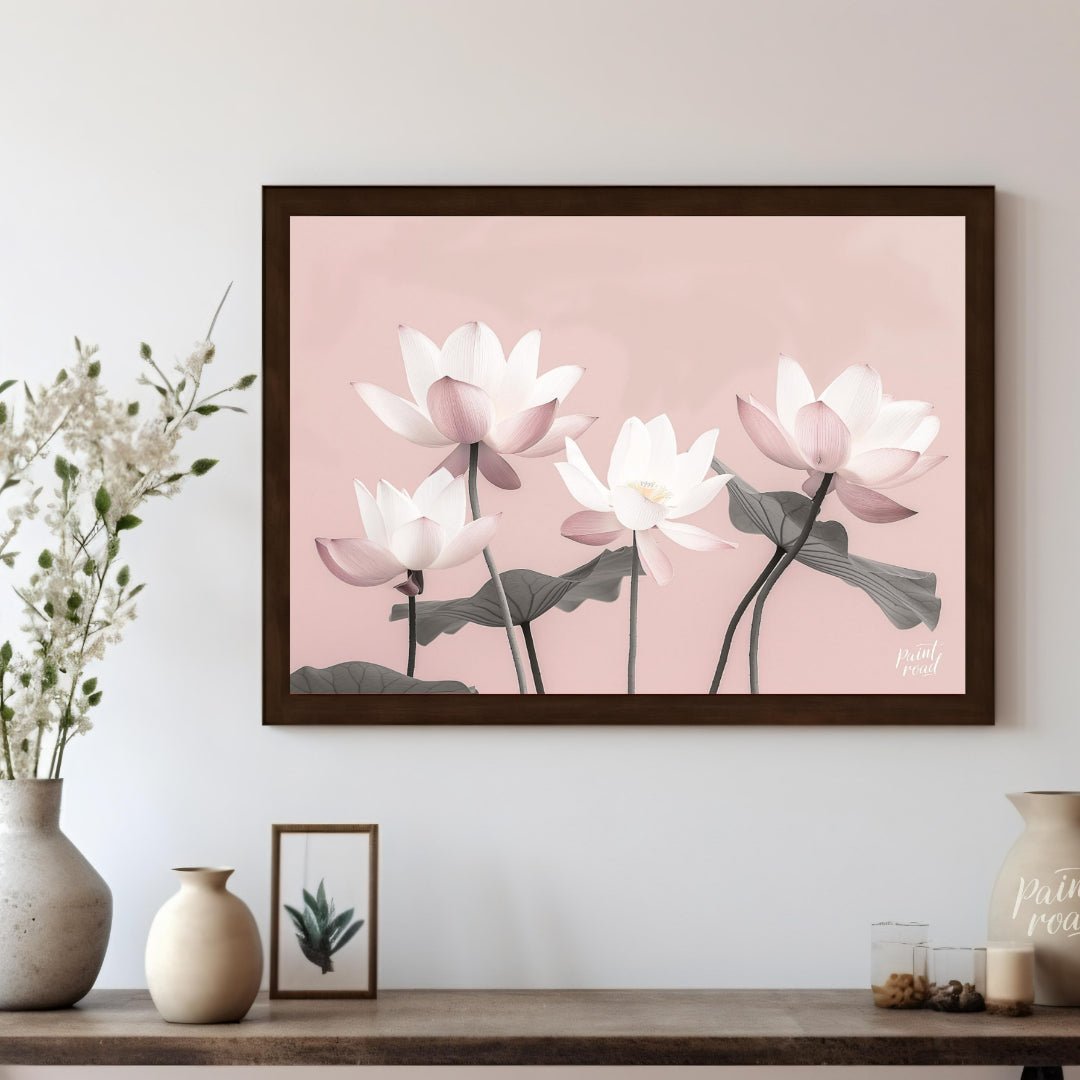 This serene digital illustration features stylized lotus flowers in soft pink and white tones again… for other
