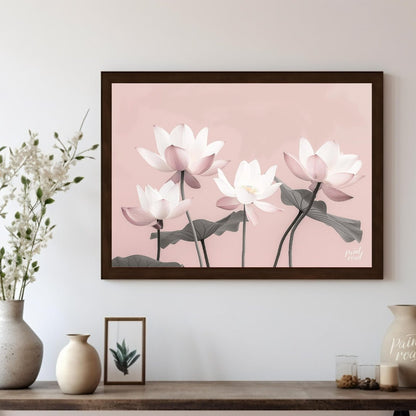 This serene digital illustration features stylized lotus flowers in soft pink and white tones again… for other