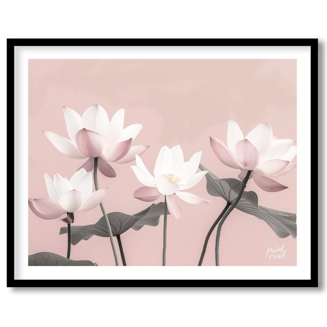This serene digital illustration features stylized lotus flowers in soft pink and white tones again… for sweet home