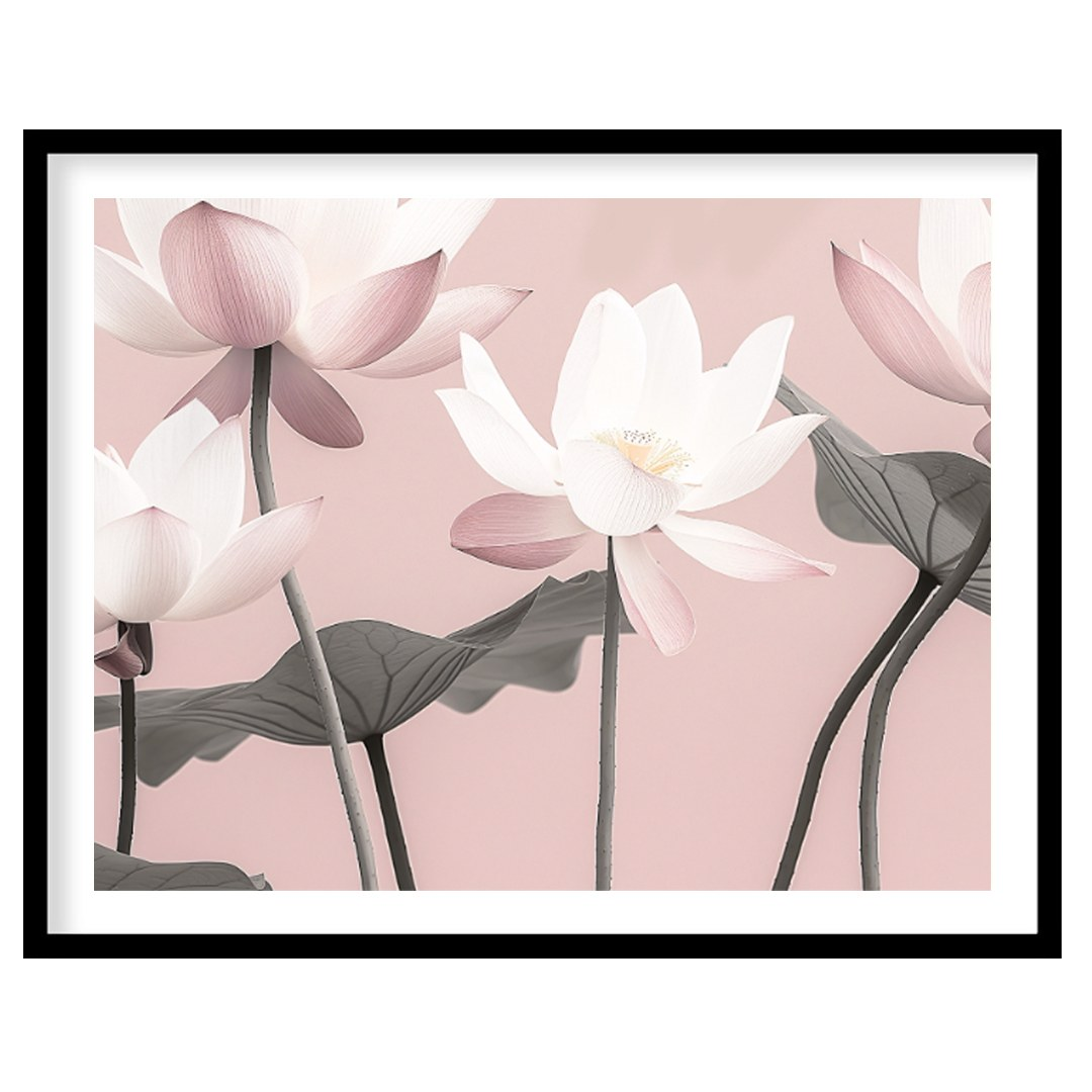 This serene digital illustration features stylized lotus flowers in soft pink and white tones again… for sweet home